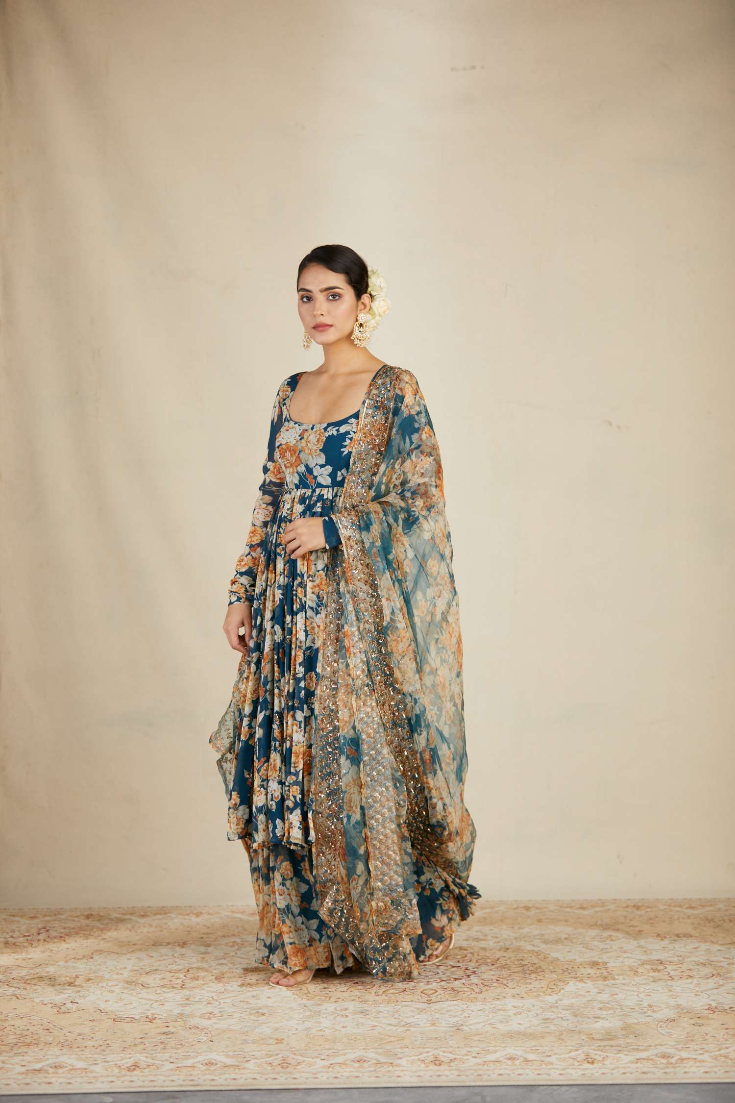 Front view of Teal Blue Georgette Floral Anarkali Set