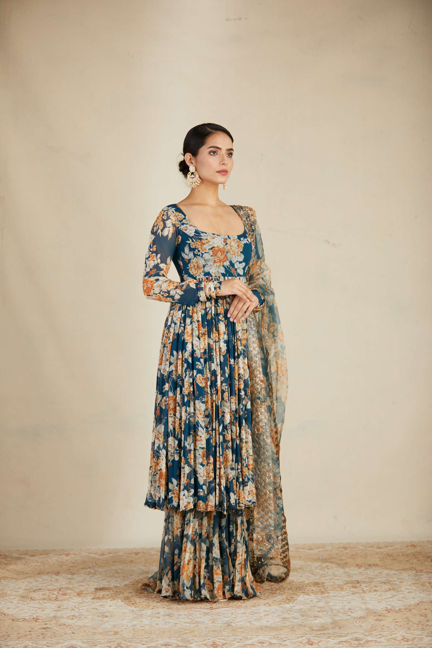 Side Look view of Teal Blue Georgette Floral Anarkali Set