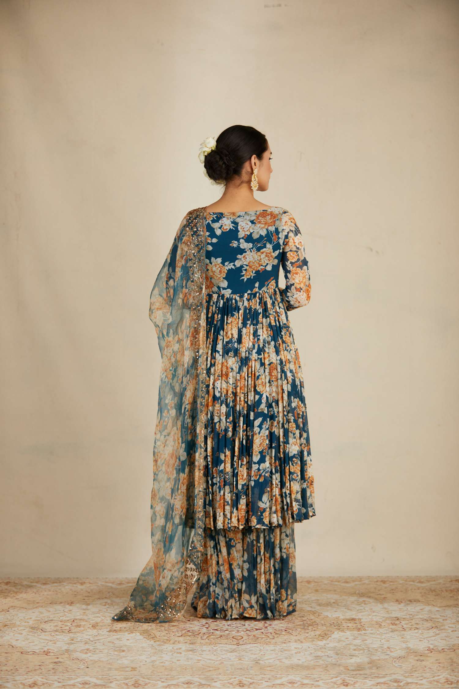 Back Angle view of Teal Blue Georgette Floral Anarkali Set