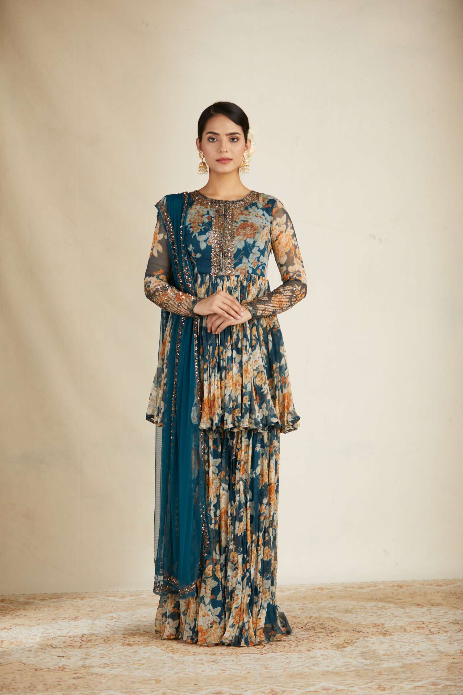 Teal Blue Chiffon Floral Peplum Set