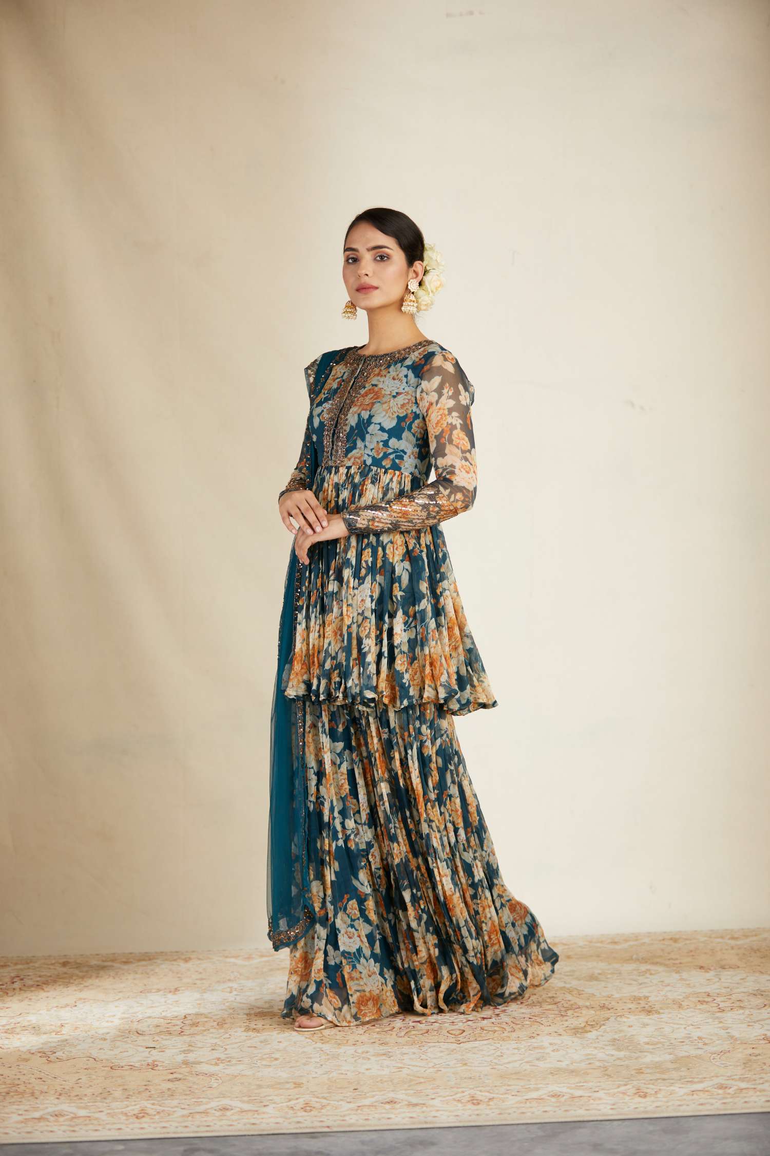 Side view Front Look of Teal Blue Chiffon Floral Peplum Set