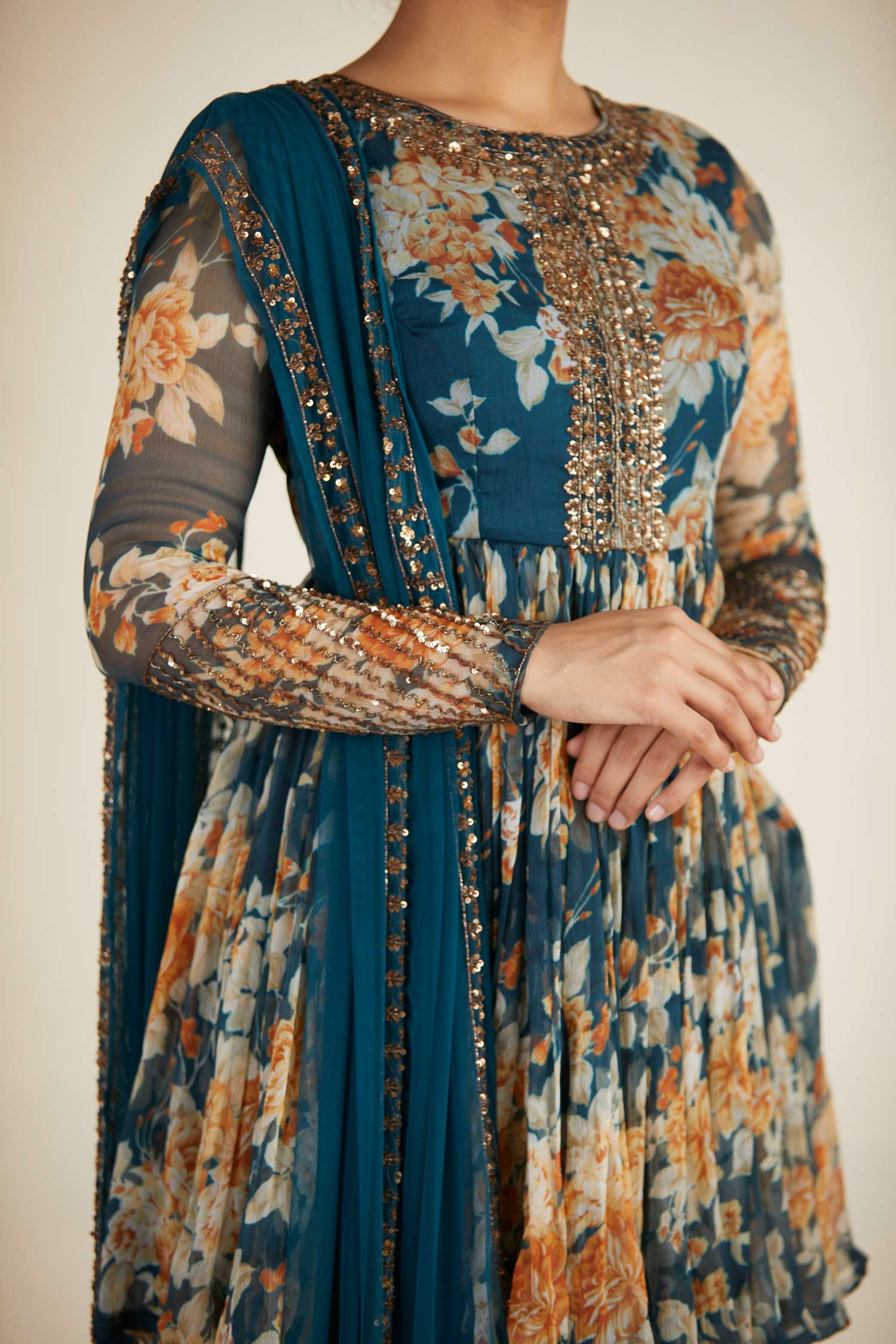 Close-up of Teal Blue Chiffon Floral Peplum Set