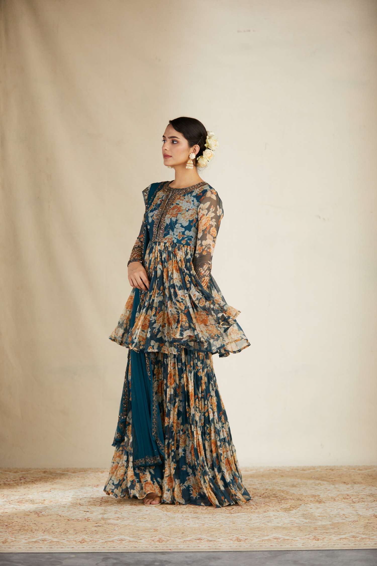 Side view of Teal Blue Chiffon Floral Peplum Set for Women