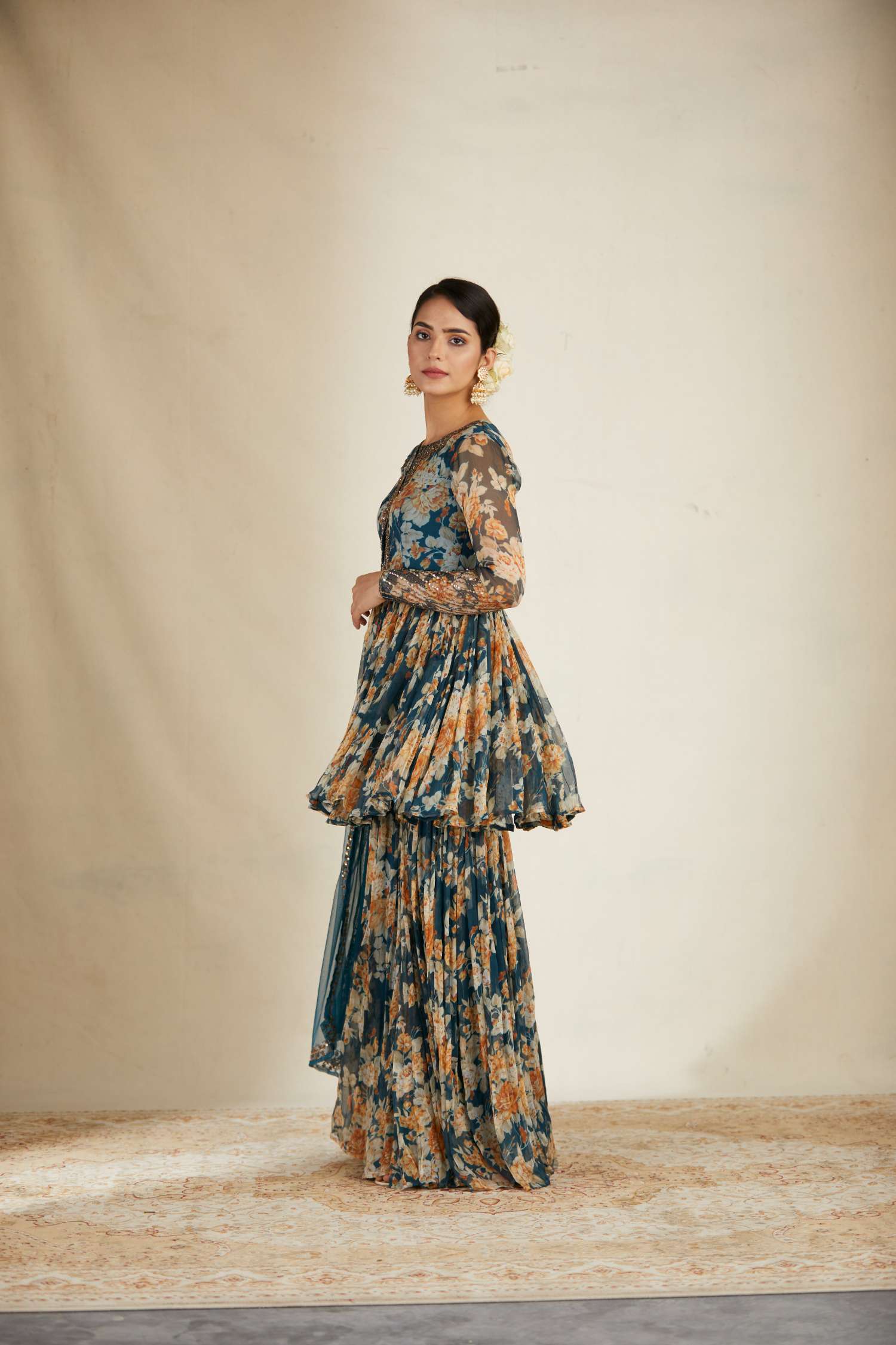 Side Front view of Teal Blue Chiffon Floral Peplum Set