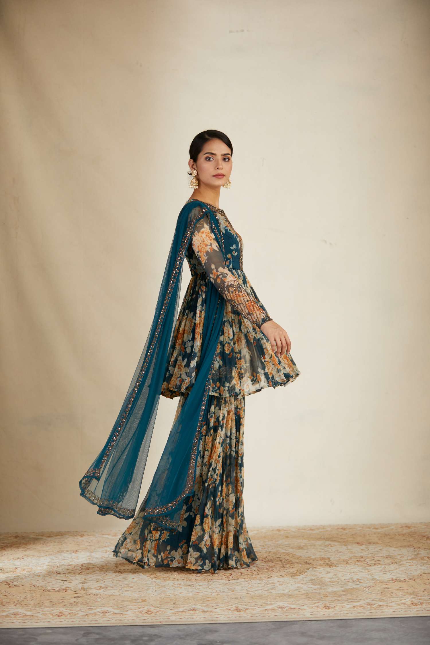 Side Look view of Teal Blue Chiffon Floral Peplum Set