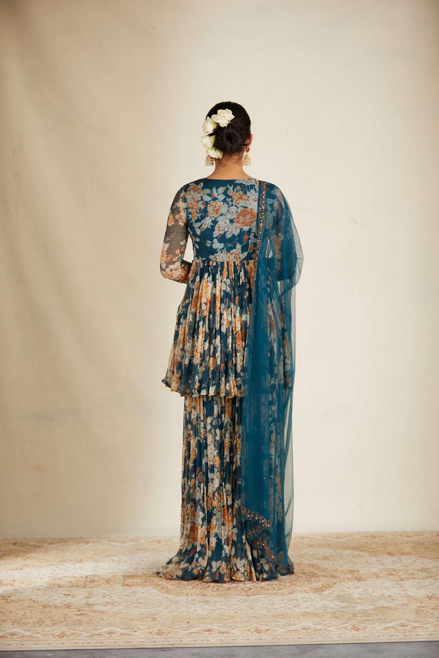 Back Angle view of Teal Blue Chiffon Floral Peplum Set