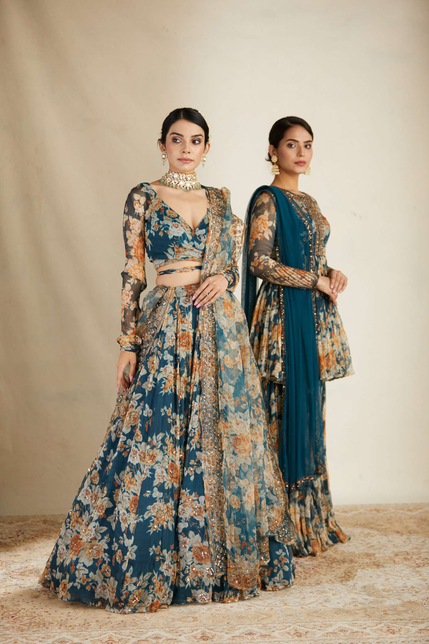 Side view of Teal Blue Chiffon Floral Lehenga Set for Women