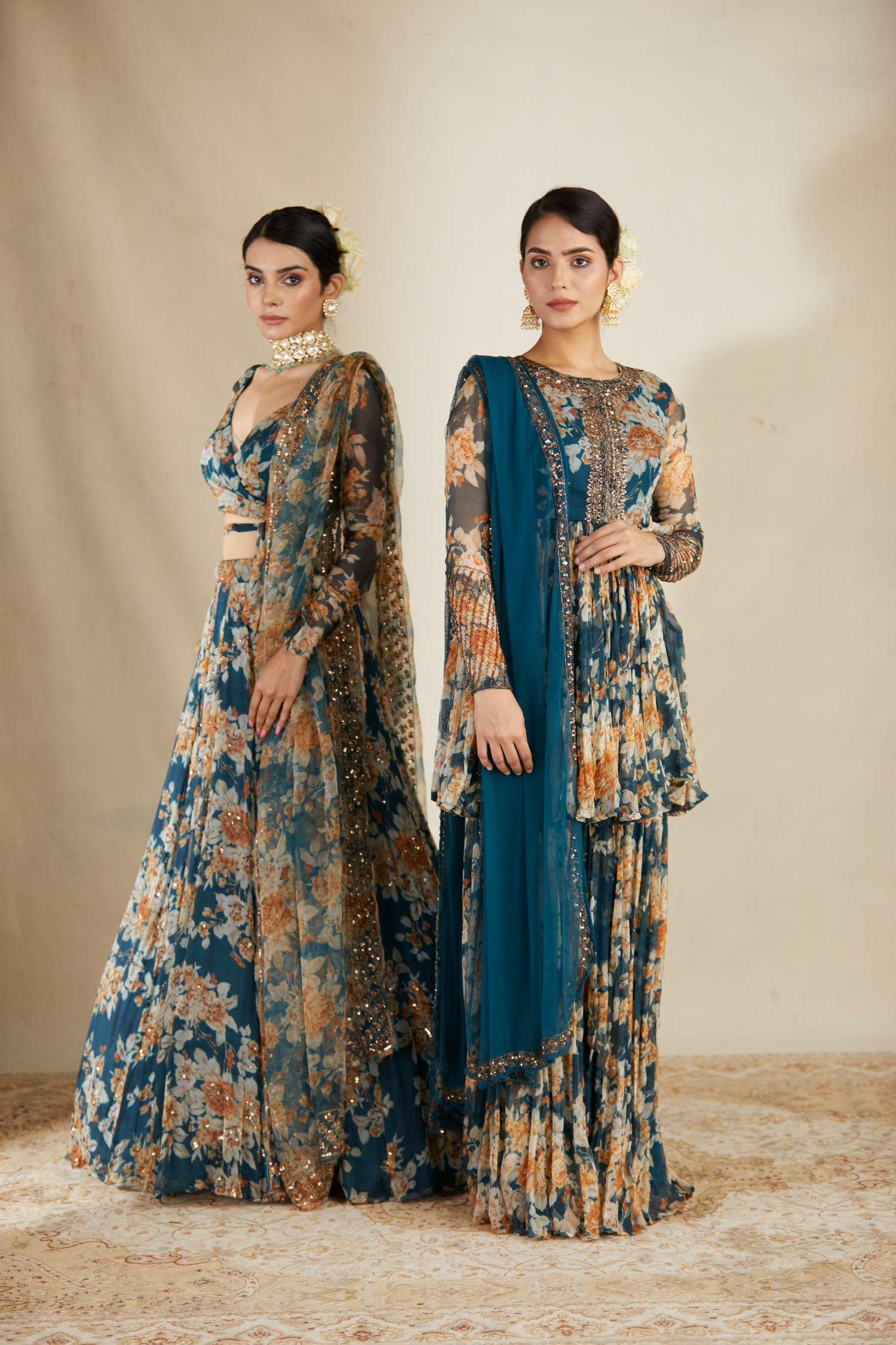 Front Look view of Teal Blue Chiffon Floral Peplum Set