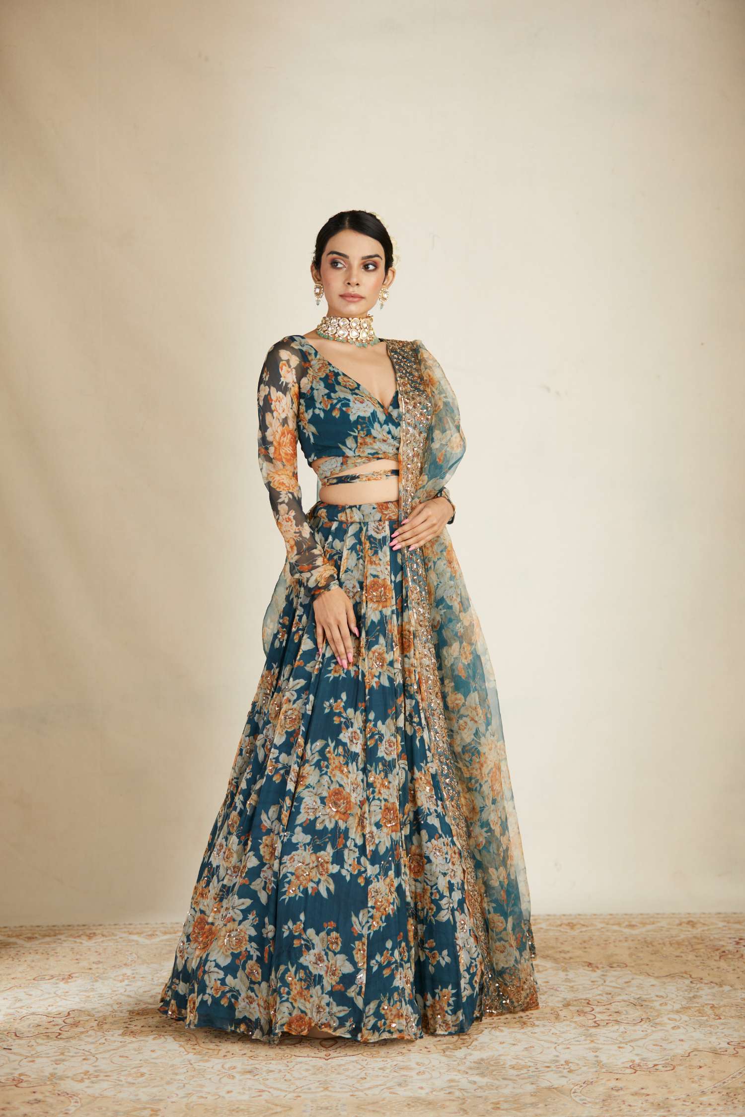 Side view of Teal Blue Chiffon Floral Lehenga Set for Women