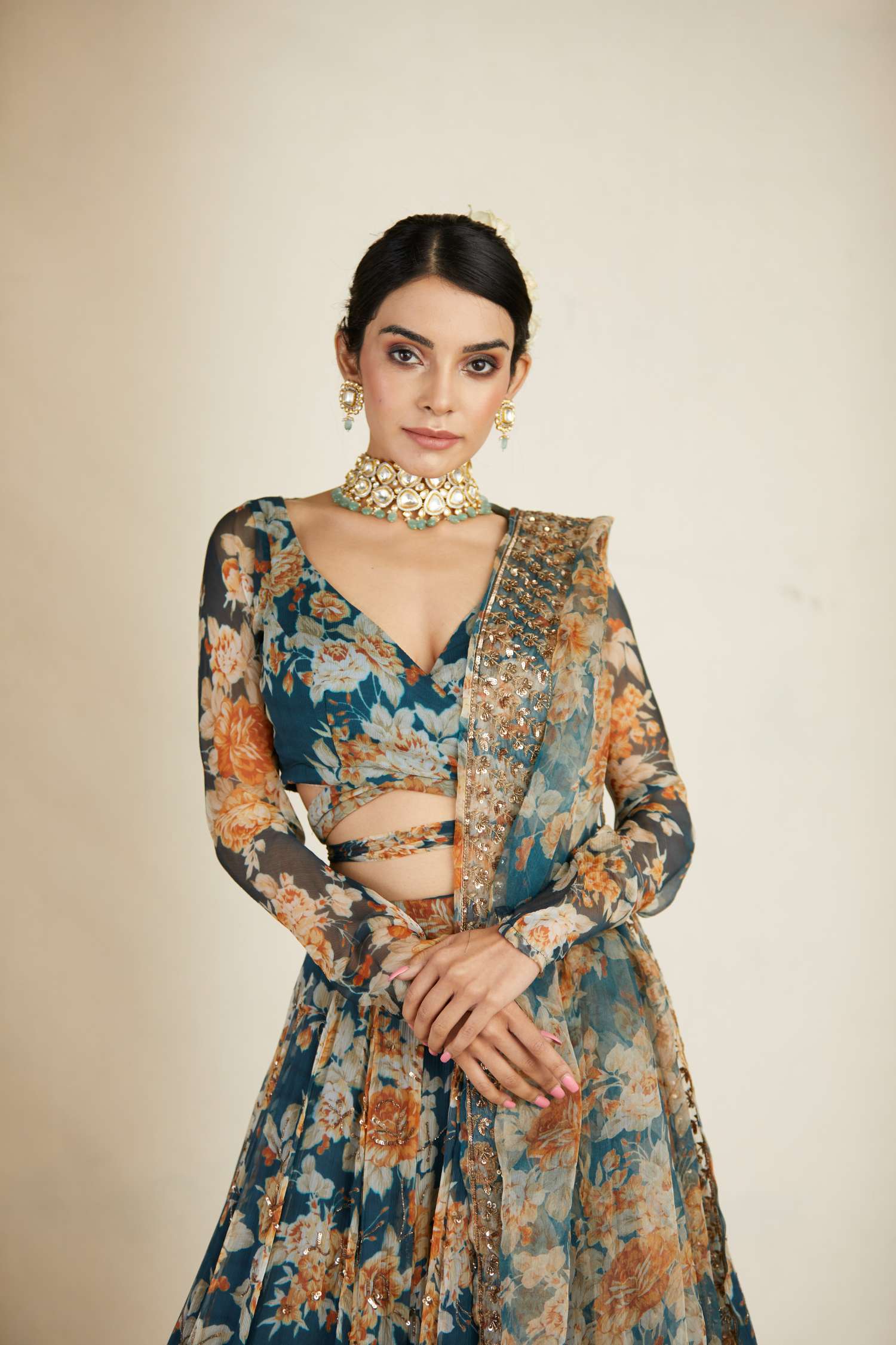 Close-up View of Teal Blue Chiffon Floral Lehenga Set