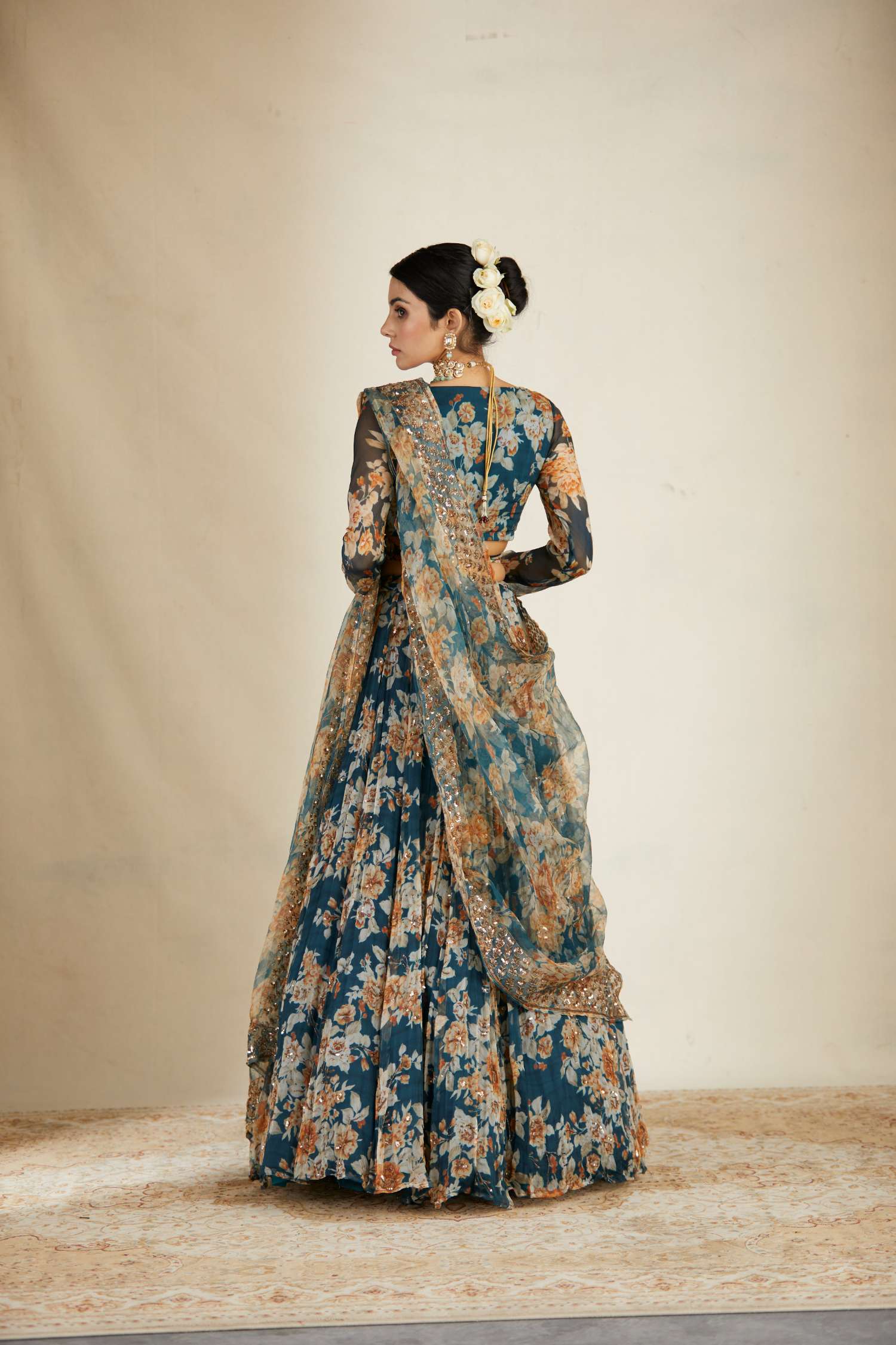 Back Angle view of Teal Blue Chiffon Floral Lehenga Set