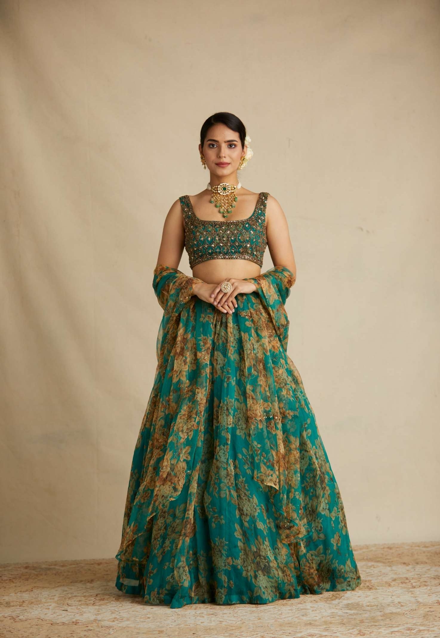 Teal Green Floral Organza Lehenga Set