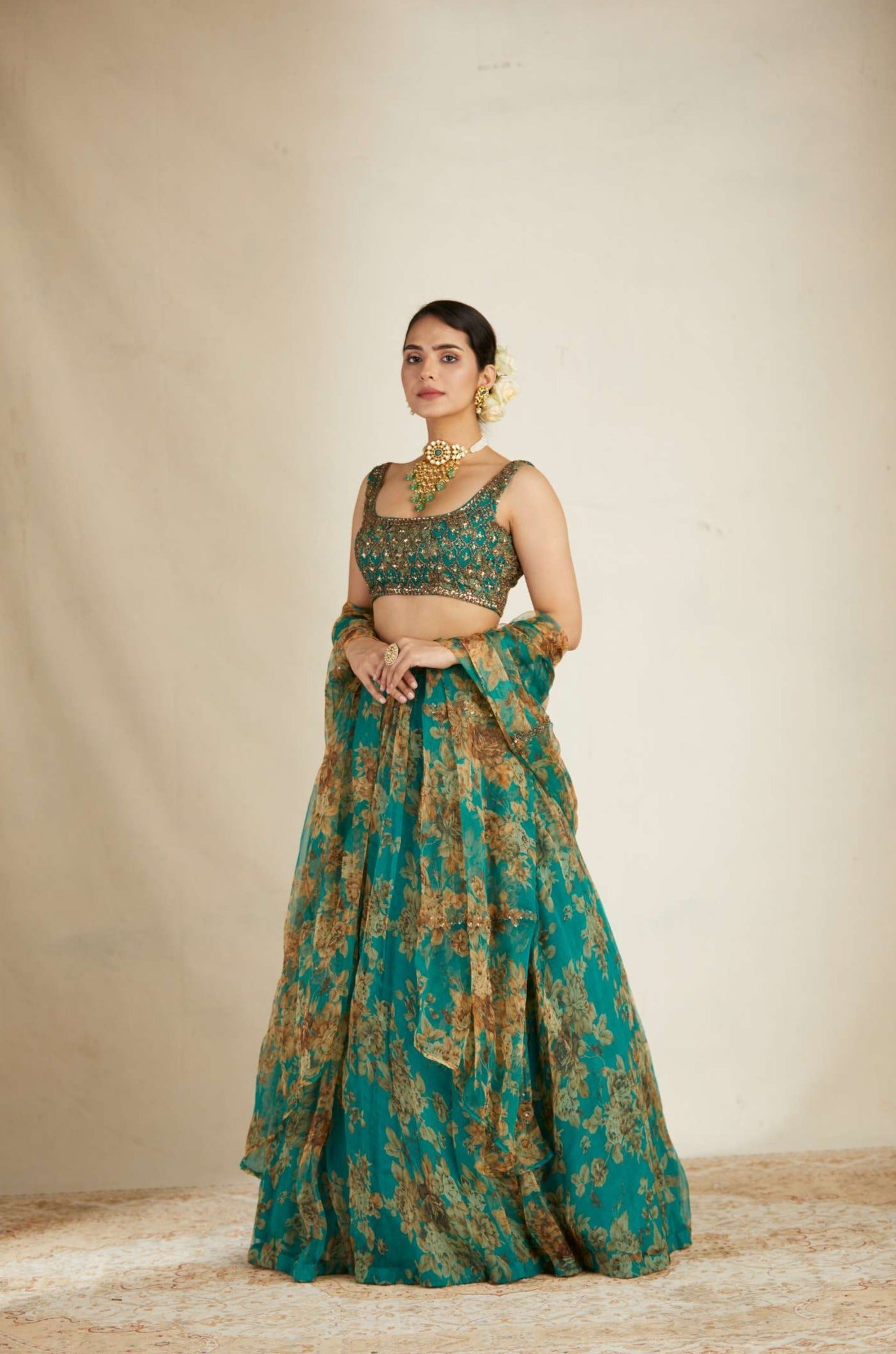 Full Front view of Teal Green Floral Organza Lehenga Set