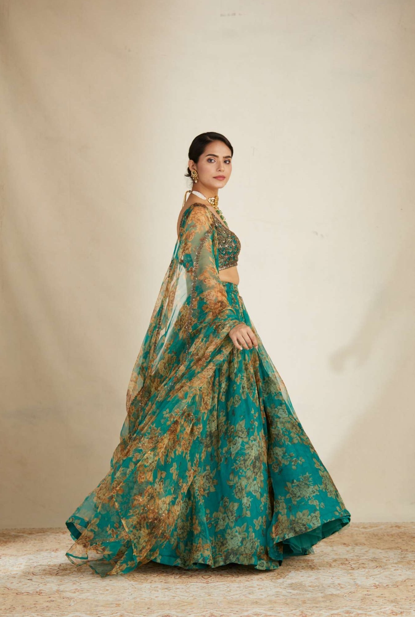 Side Front Look view of Teal Green Floral Organza Lehenga Set for Women