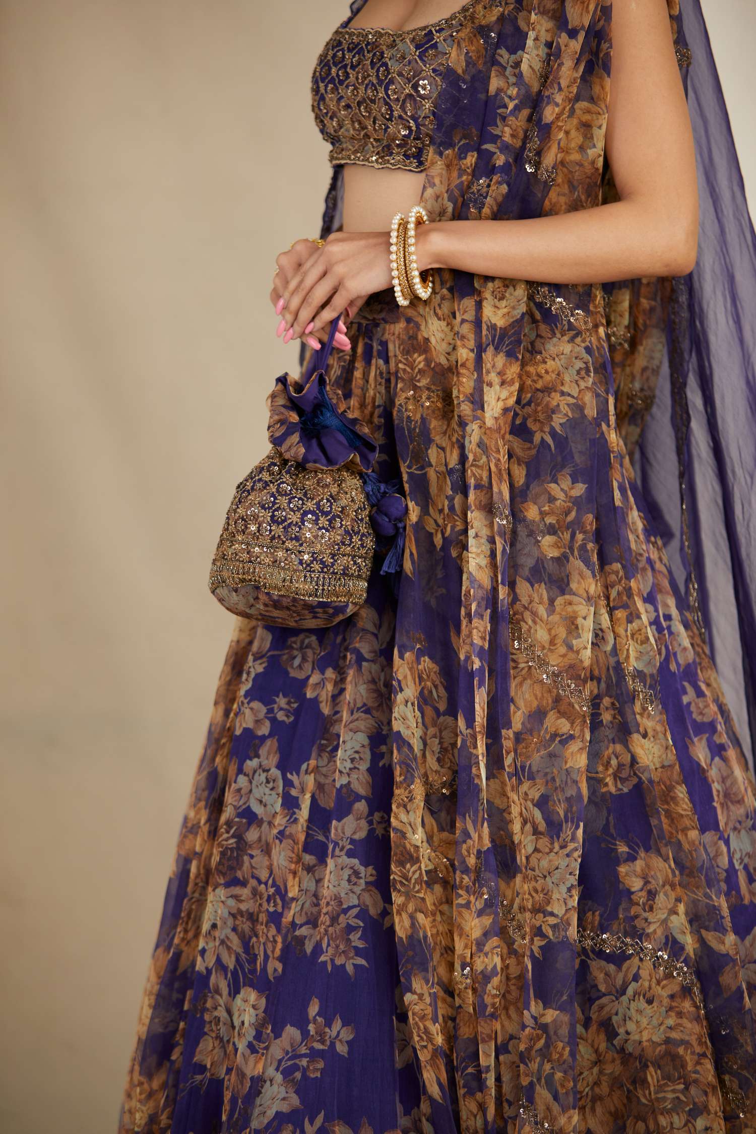 Side View of Purple Floral Organza Potli