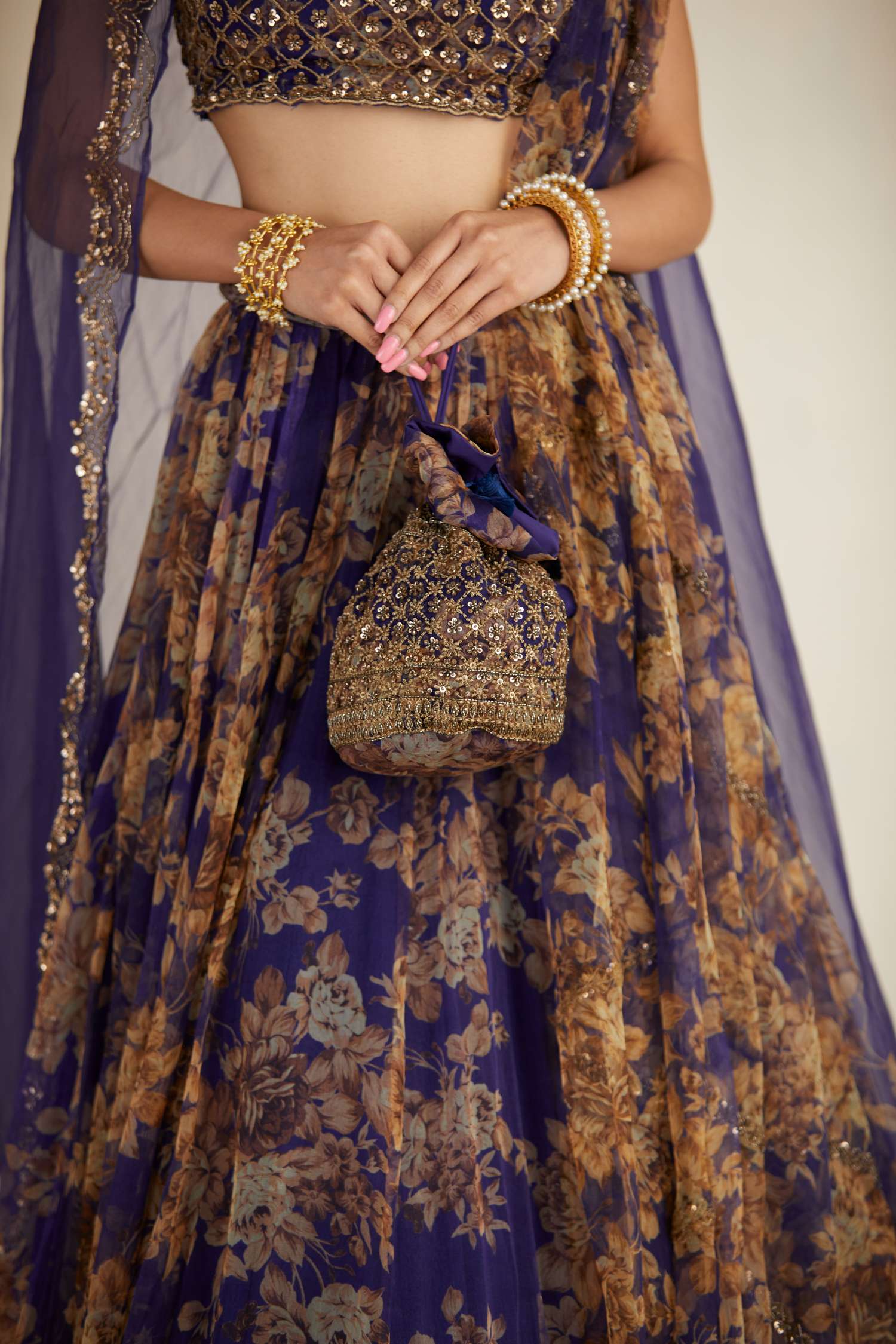 Front view of Purple Floral Organza Potli