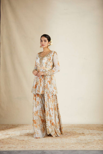 Off White Floral Peplum Set