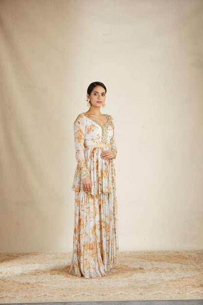 Off White Floral Peplum Set