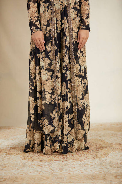 Black Floral Jumpsuit With Cape Set