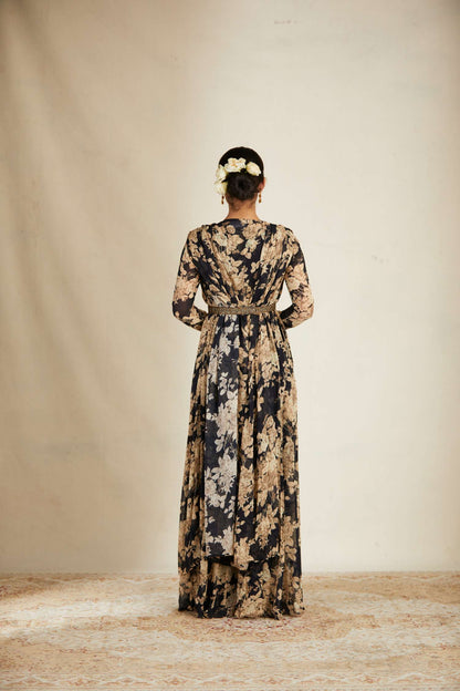 Black Floral Jumpsuit With Cape Set