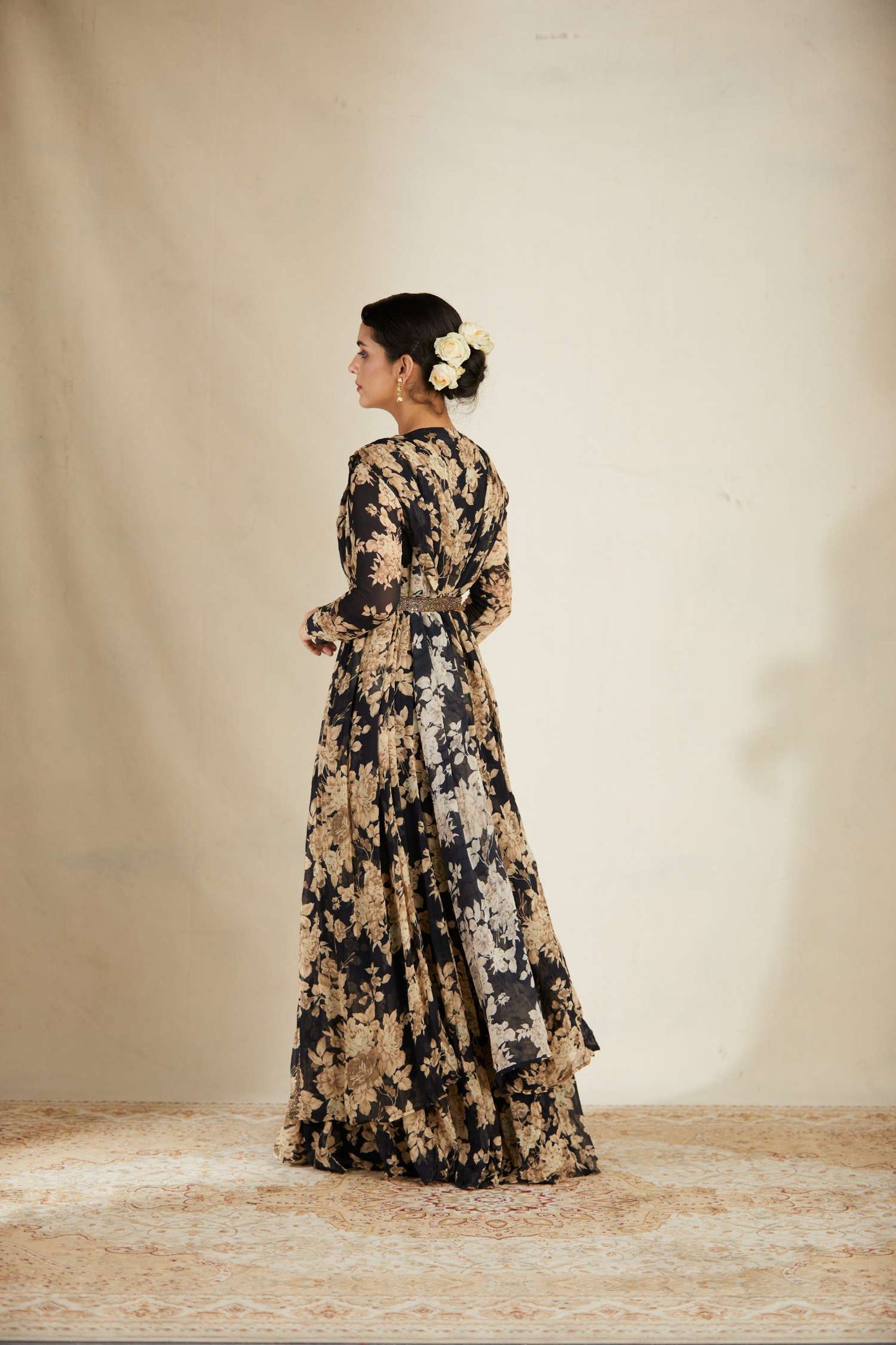 Black Floral Jumpsuit With Cape Set