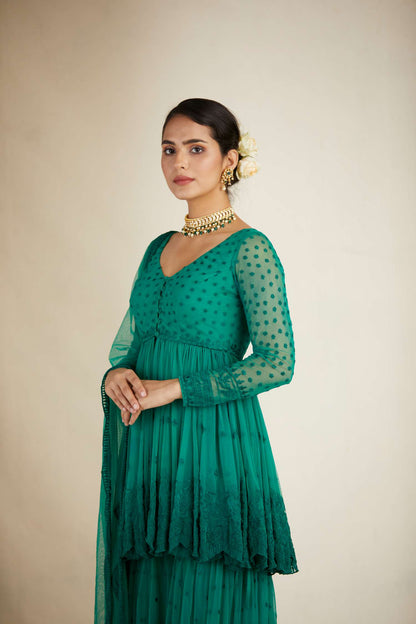 Teal Green Peplum With Thread Work Sharara Set