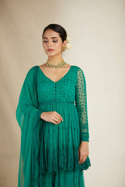 Teal Green Peplum With Thread Work Sharara Set