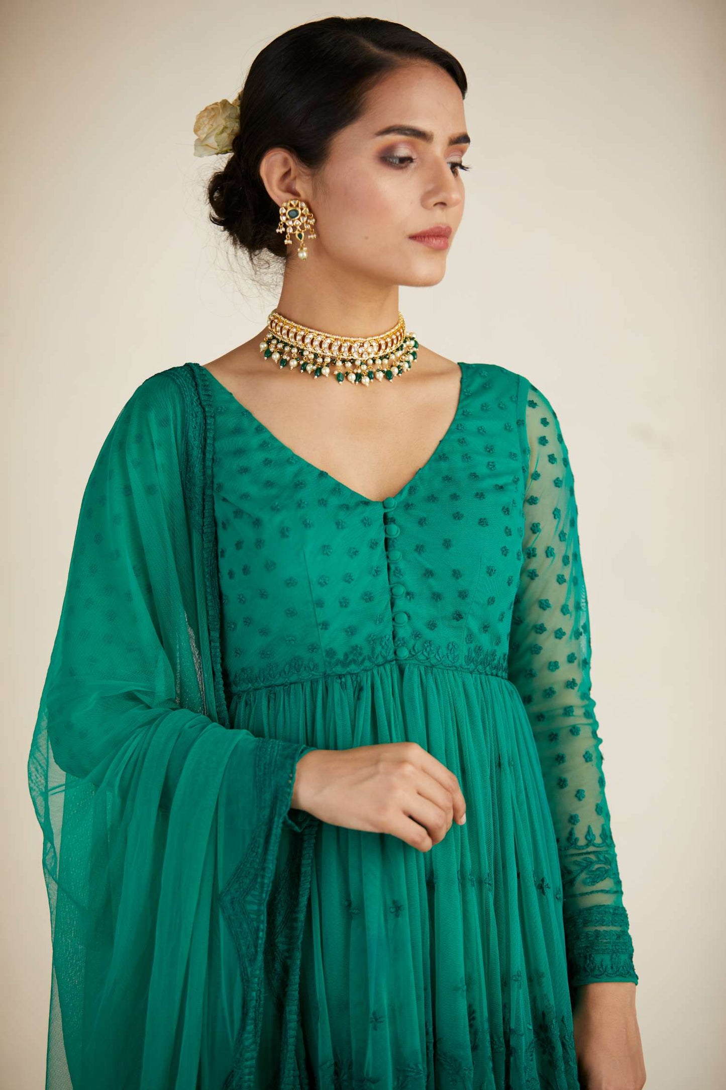Teal Green Peplum With Thread Work Sharara Set