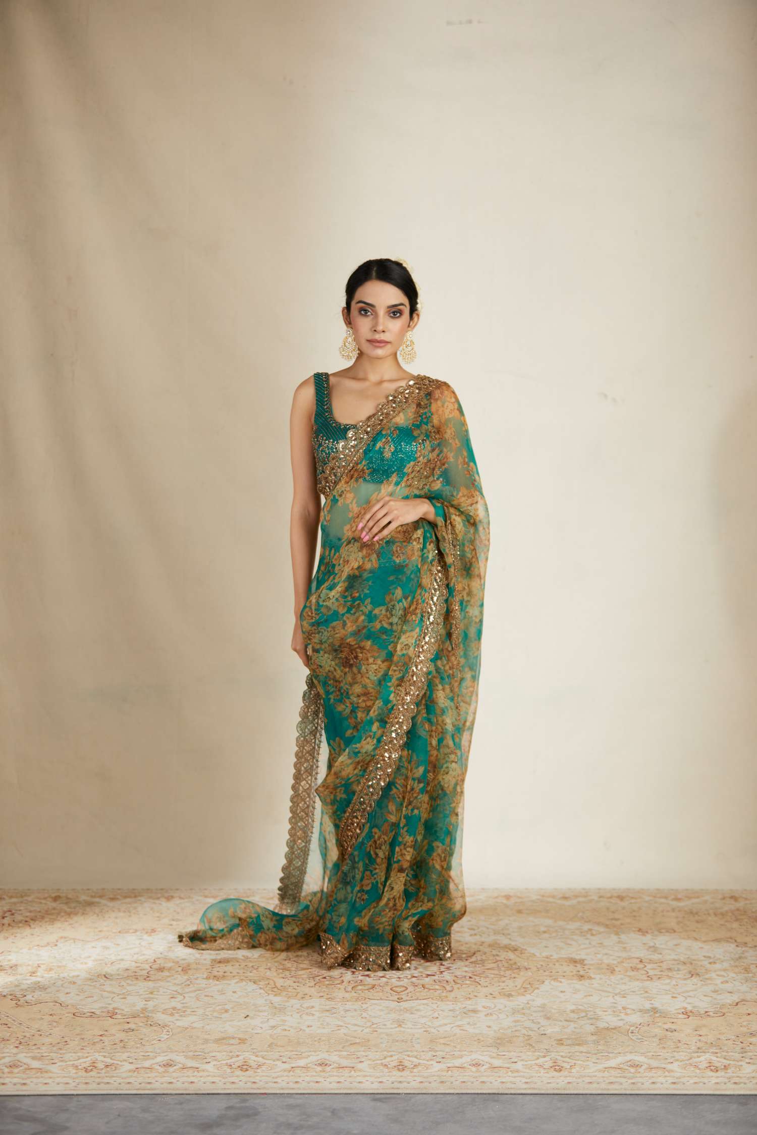 Full Front view of Teal Green Floral Organza Saree Set