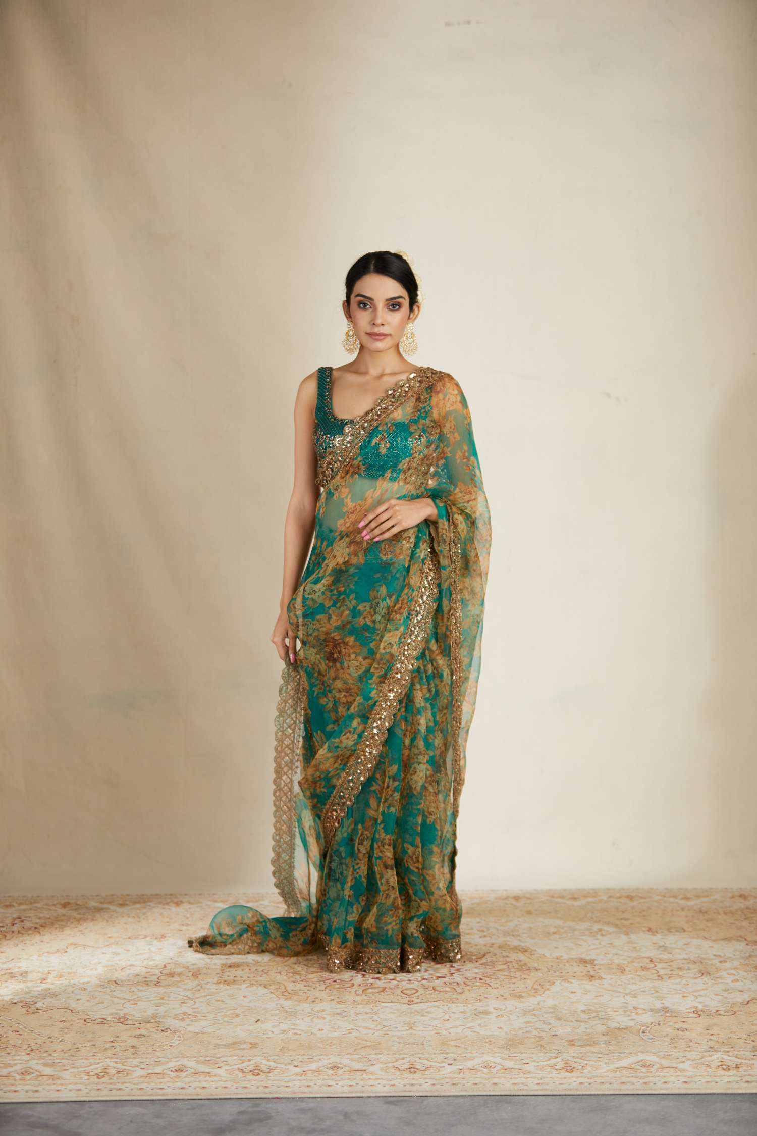 Front Look view of Teal Green Floral Organza Saree Set