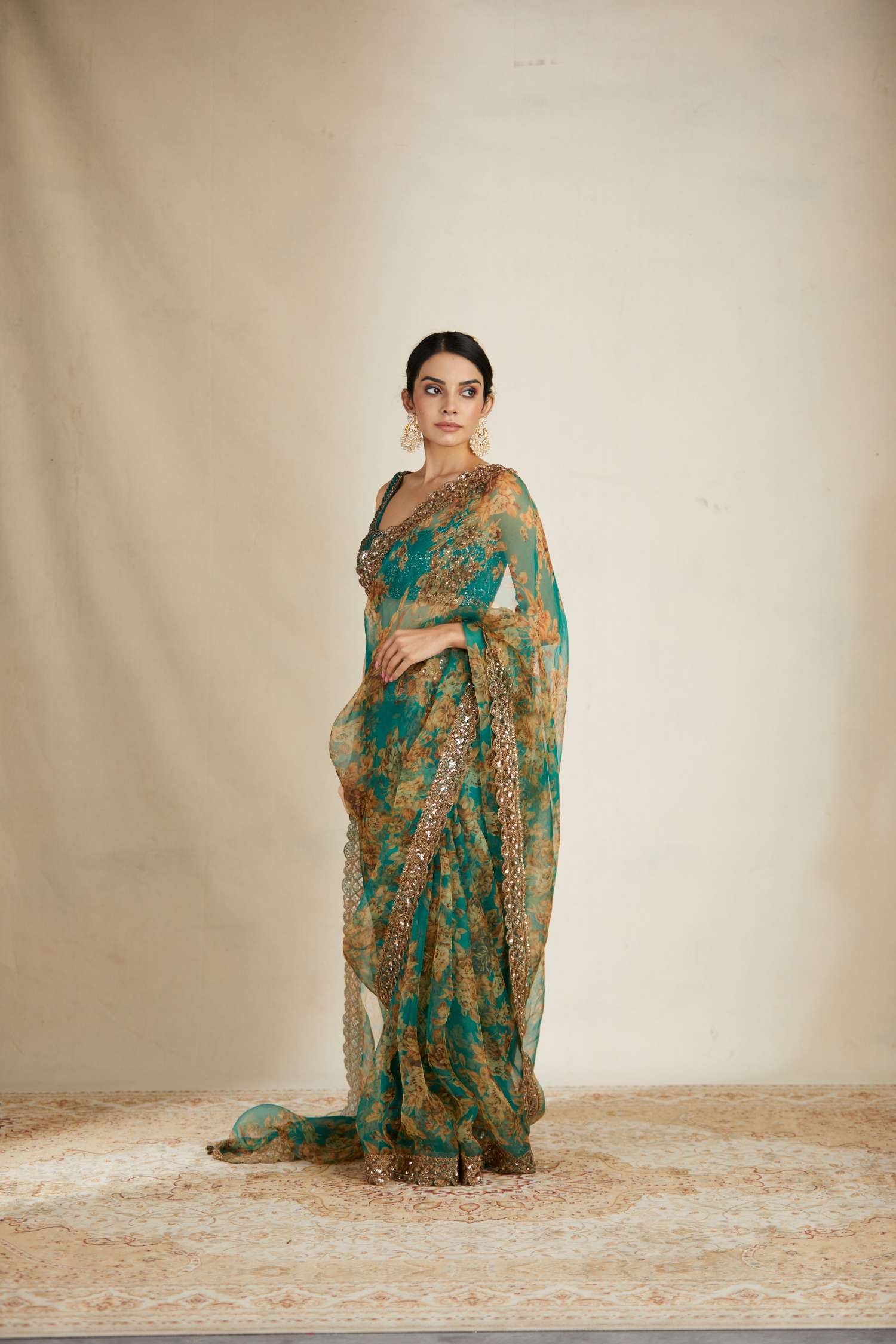 Side Look view of Teal Green Floral Organza Saree Set