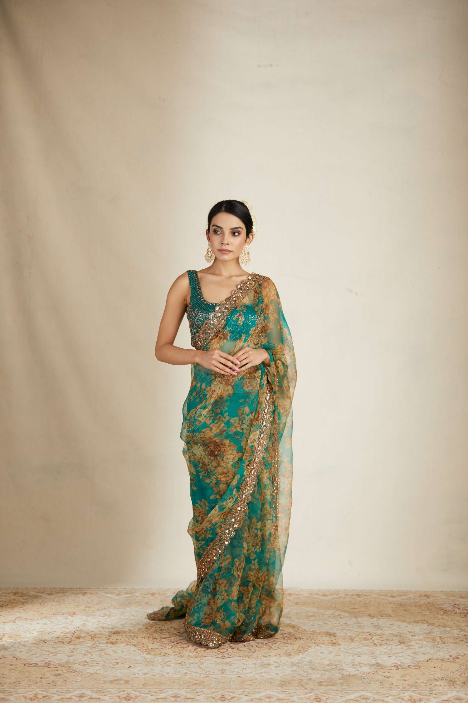 Front view Side Look of Teal Green Floral Organza Saree Set
