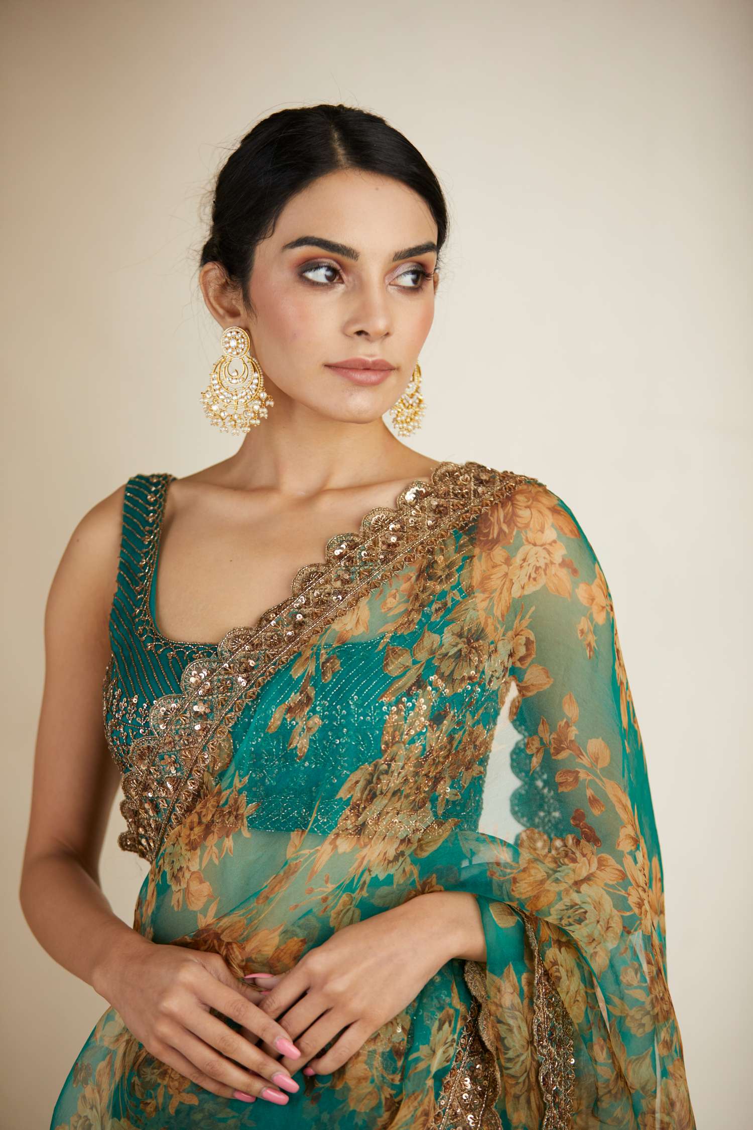 Side Look view of Teal Green Floral Organza Saree Set