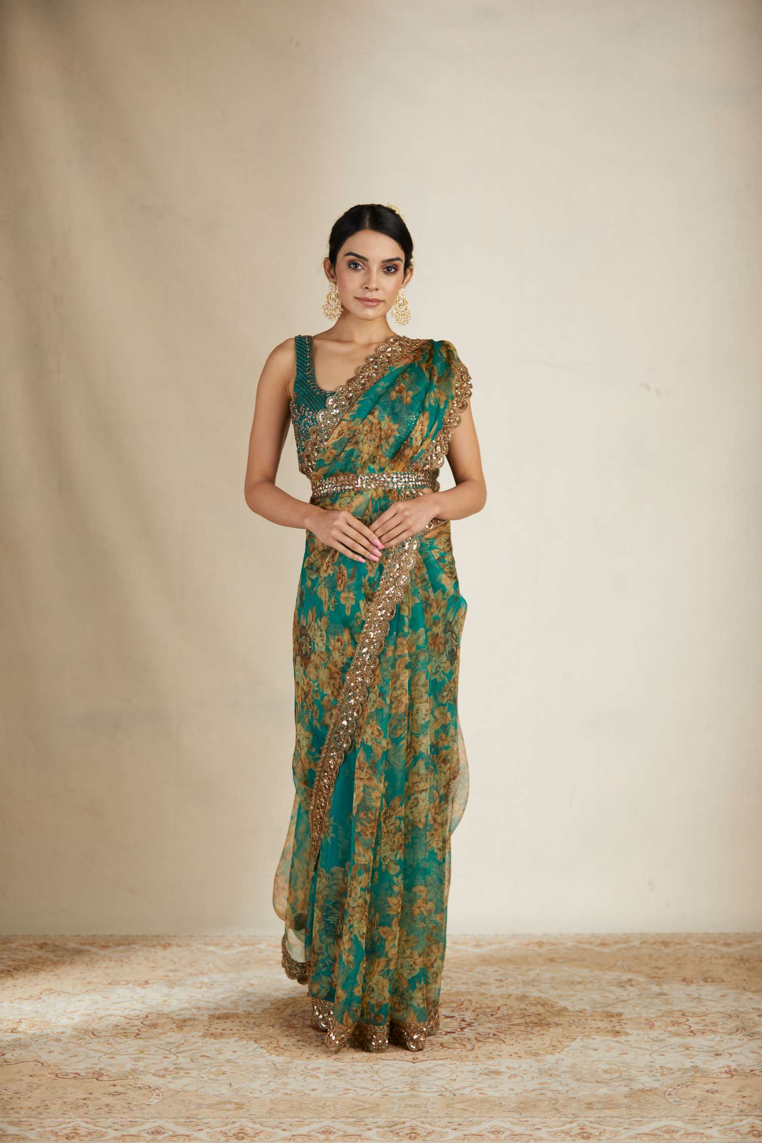 Front Look view of Teal Green Floral Organza Saree Set