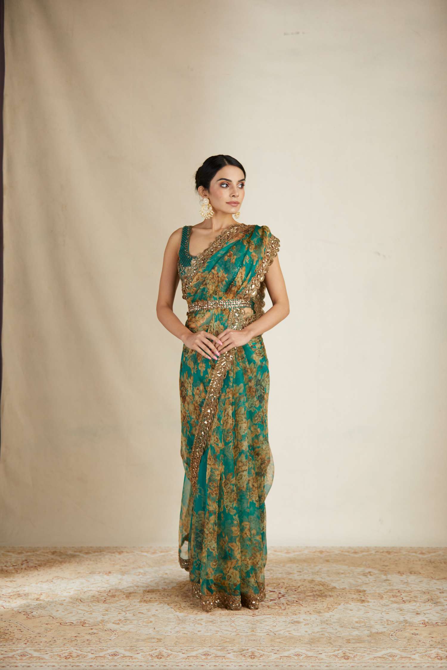 Side Look view of Teal Green Floral Organza Saree Set