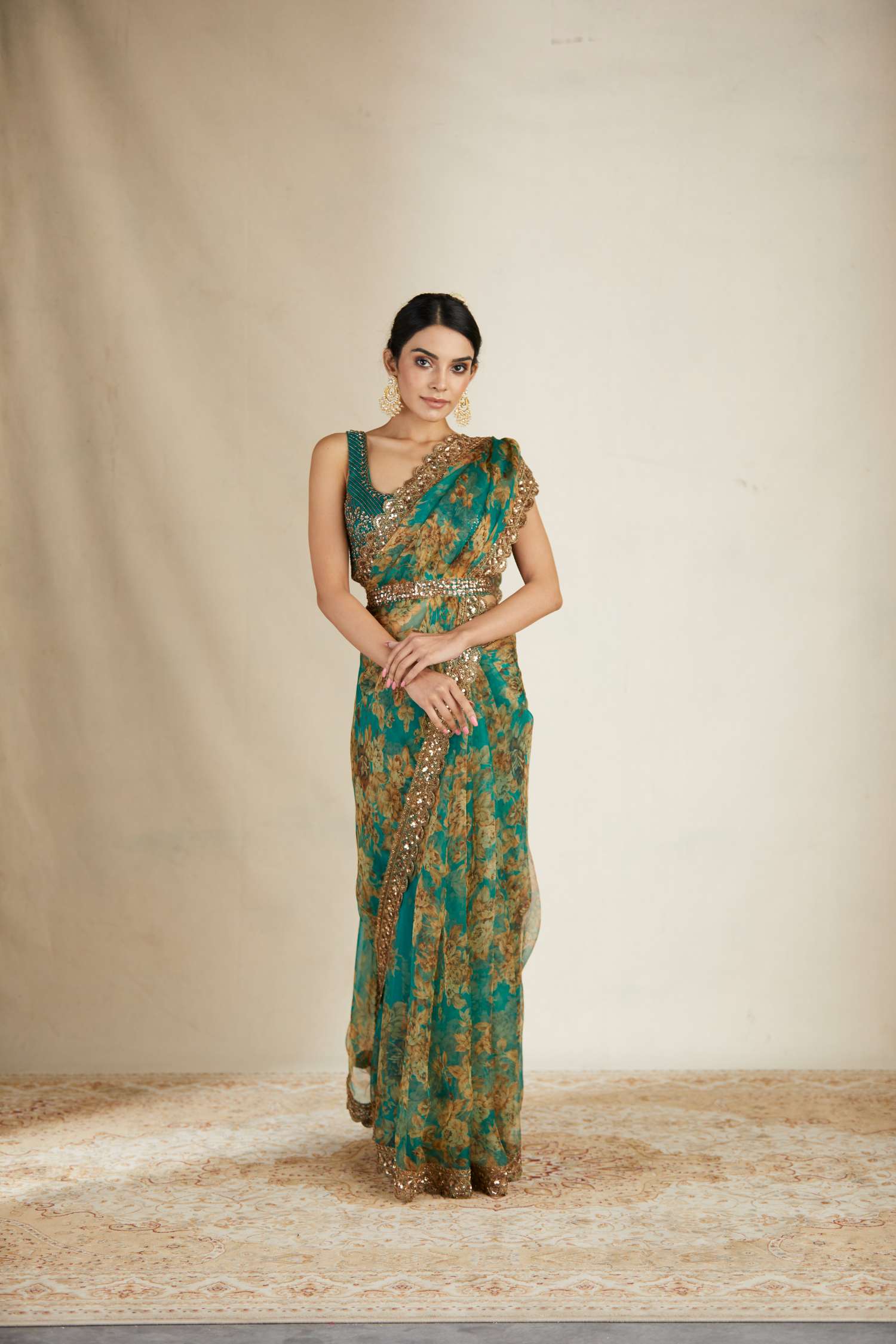 Front Look view of Teal Green Floral Organza Saree Set