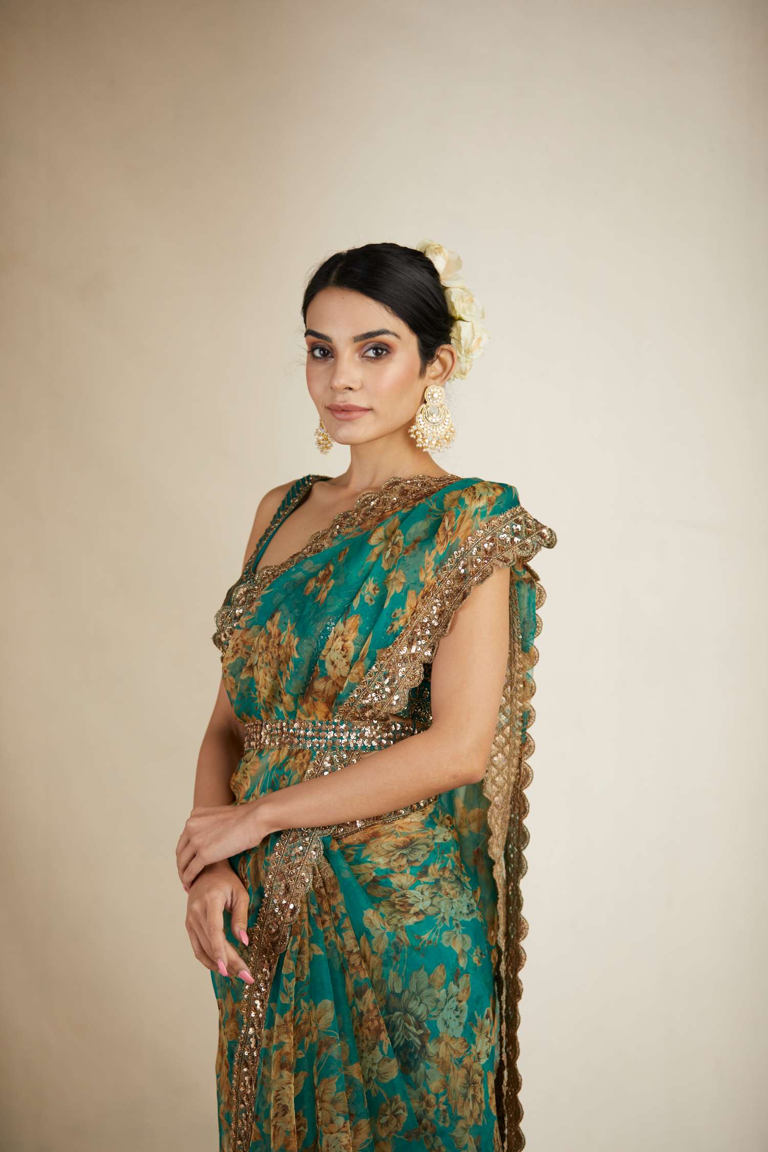 Side Look view of Teal Green Floral Organza Saree Set