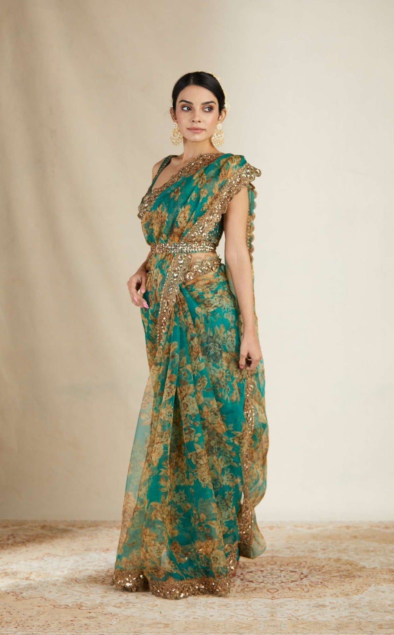 Teal Green Floral Organza Saree Set