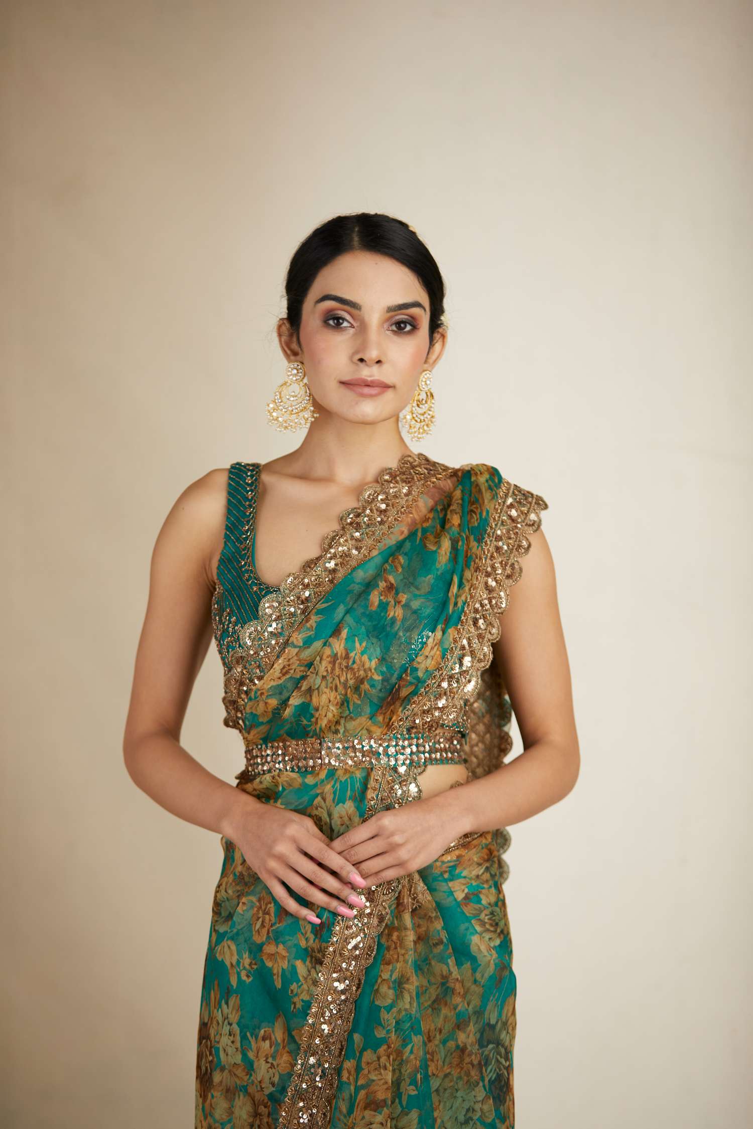 Front Close-up view of Teal Green Floral Organza Saree Set