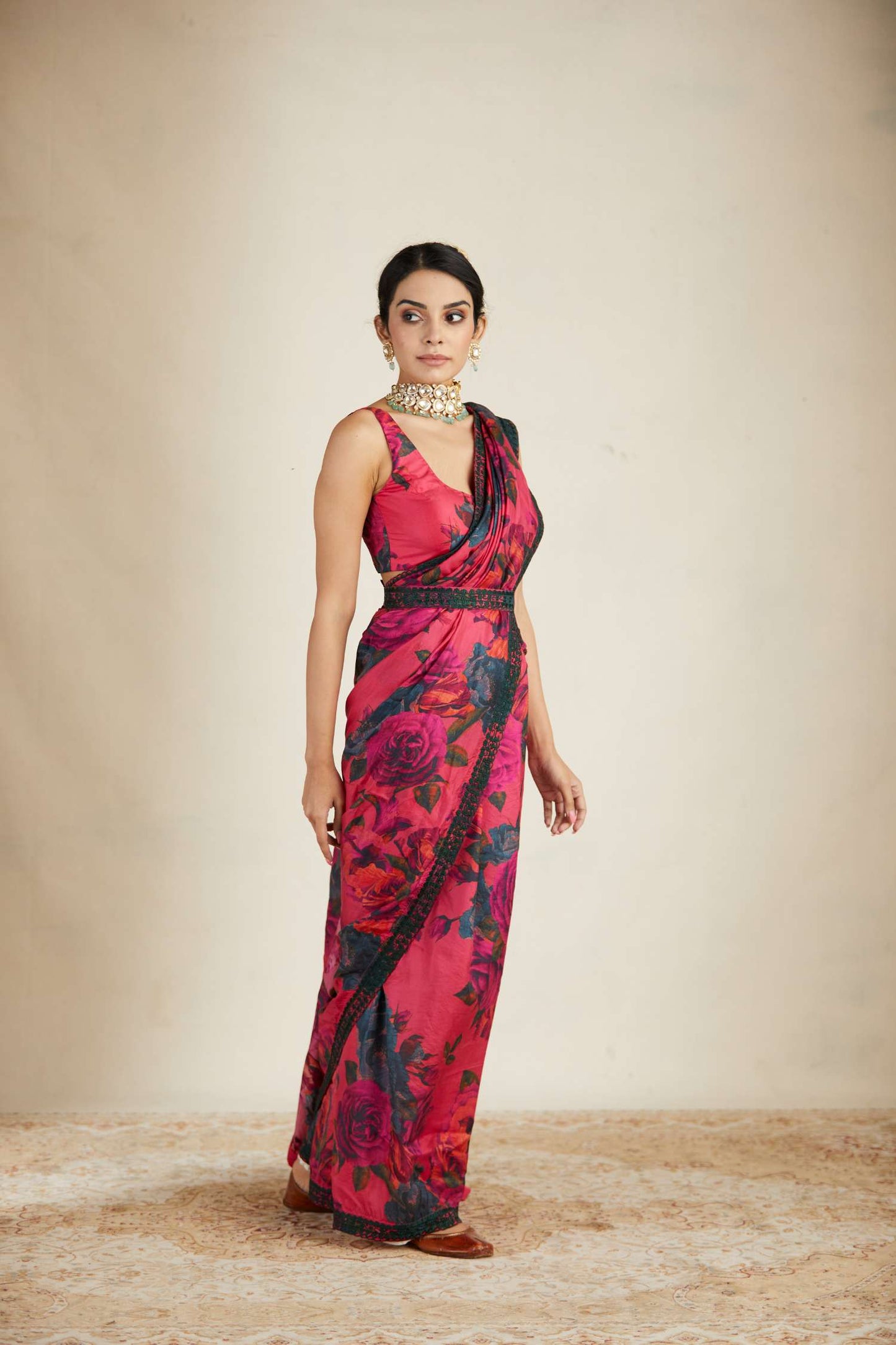 Hot Pink Floral Saree Set