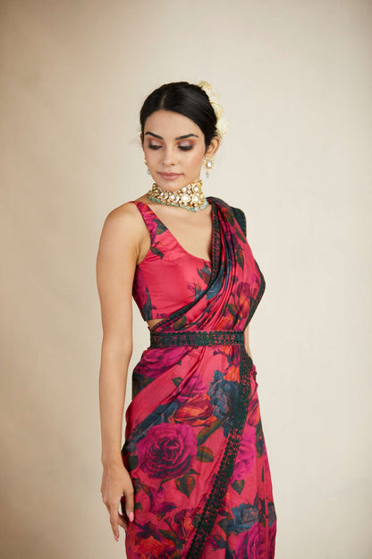 Hot Pink Floral Saree Set
