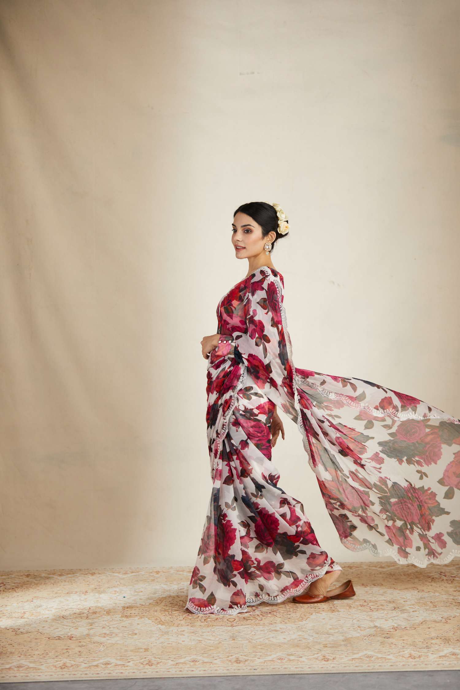 Side view of White Red Floral Chiffon Saree Set