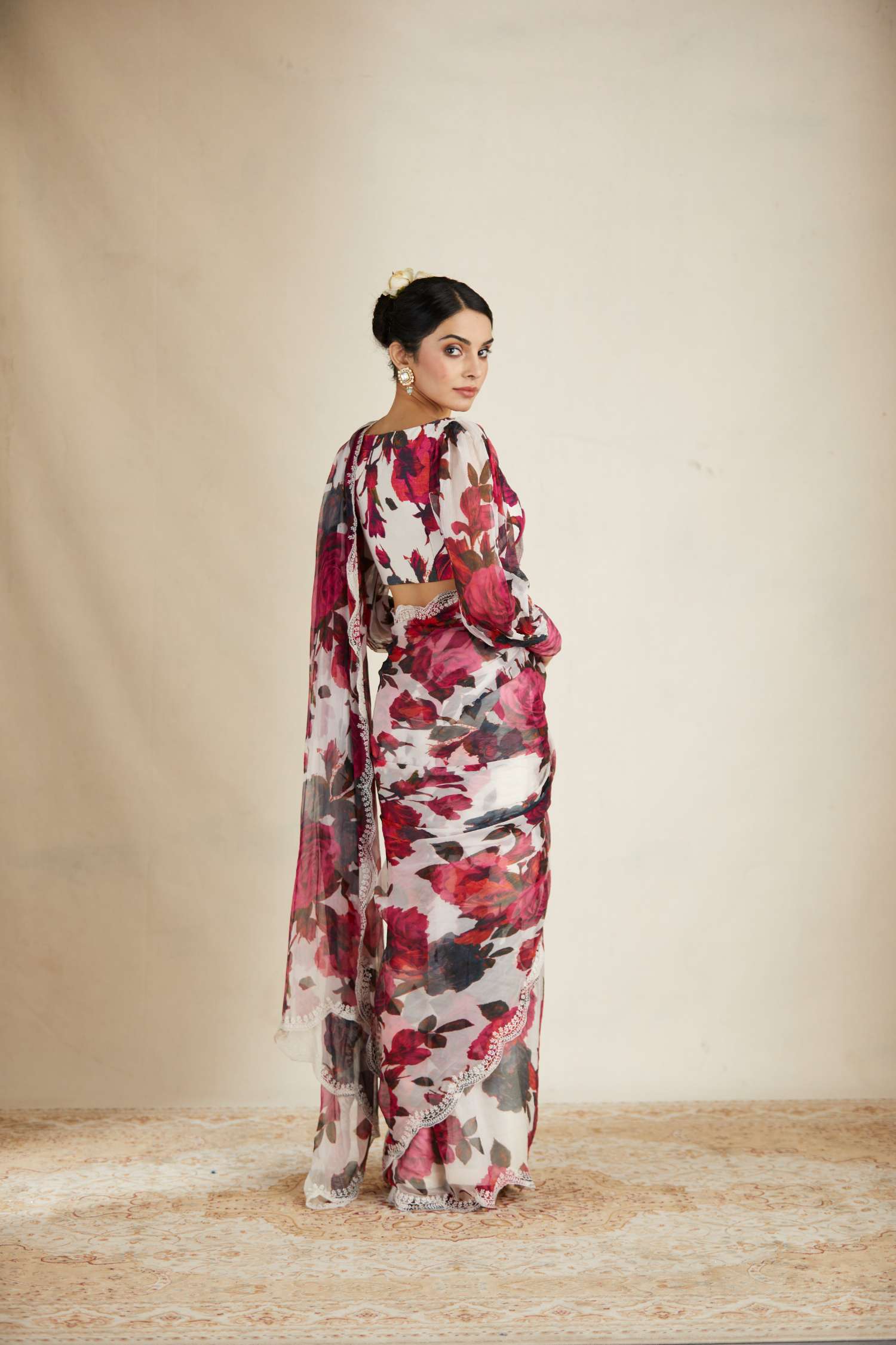 Back Angle view of White Red Floral Chiffon Saree Set