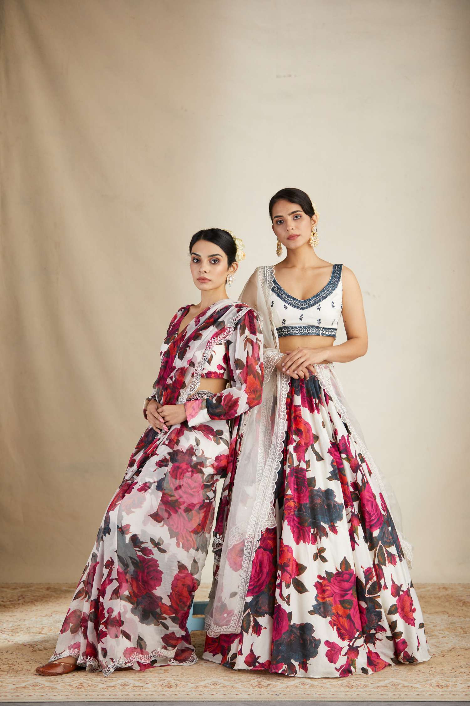 Front Look view of White Red Floral Chanderi Lehenga Set for Women