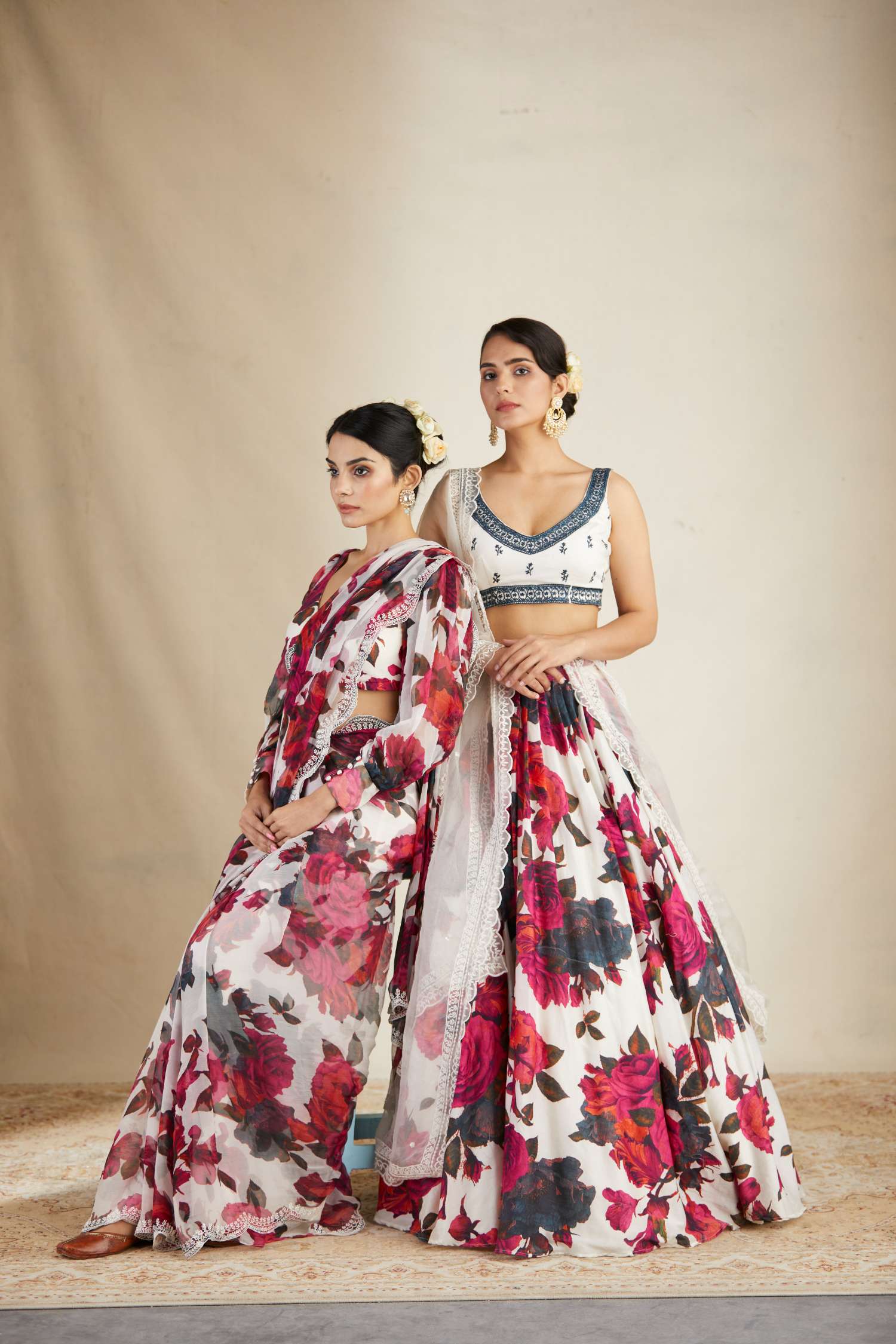 Side Front Look view of White Red Floral Chanderi Lehenga Set for Women