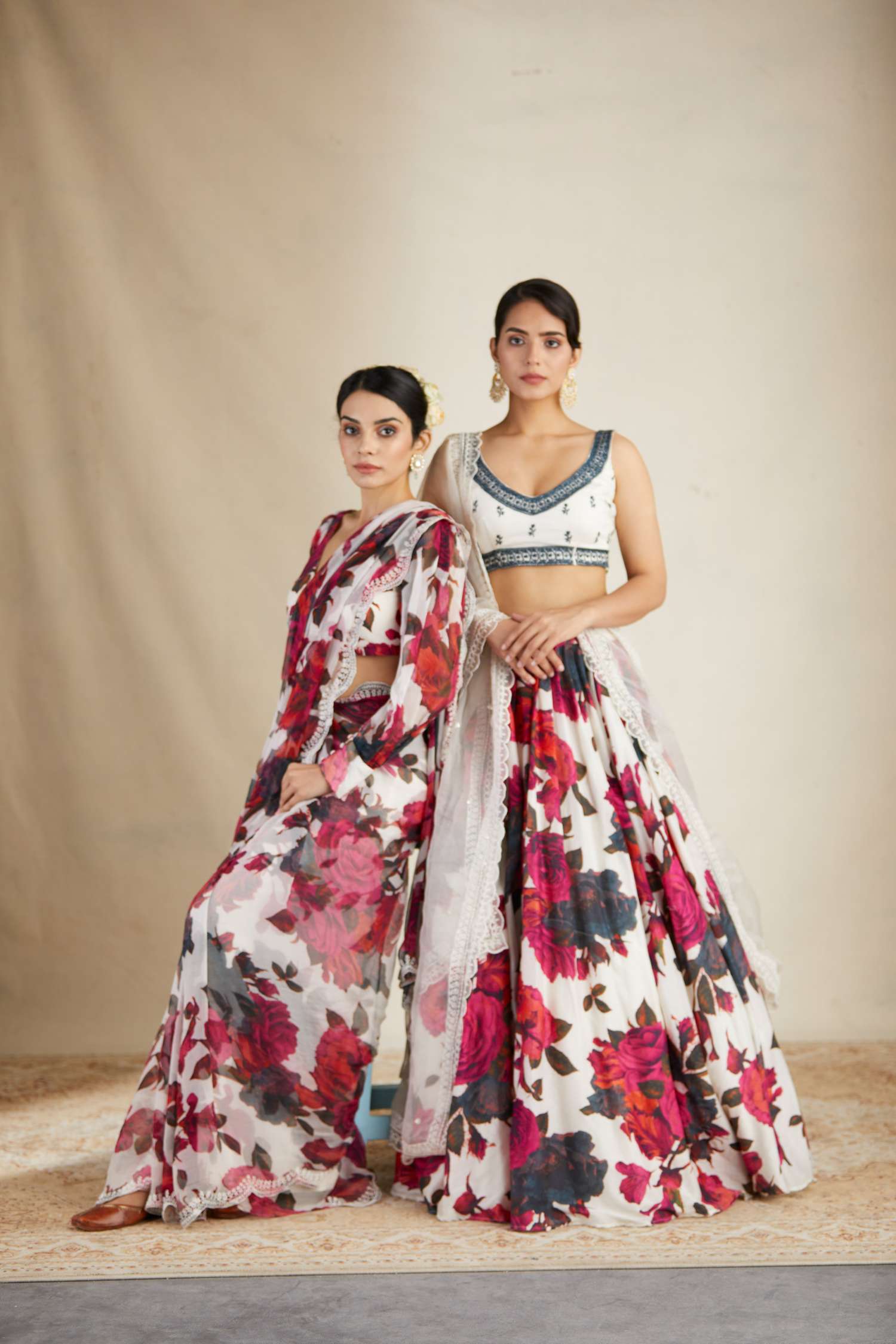 Front view of White Red Floral Chanderi Lehenga Set for Women