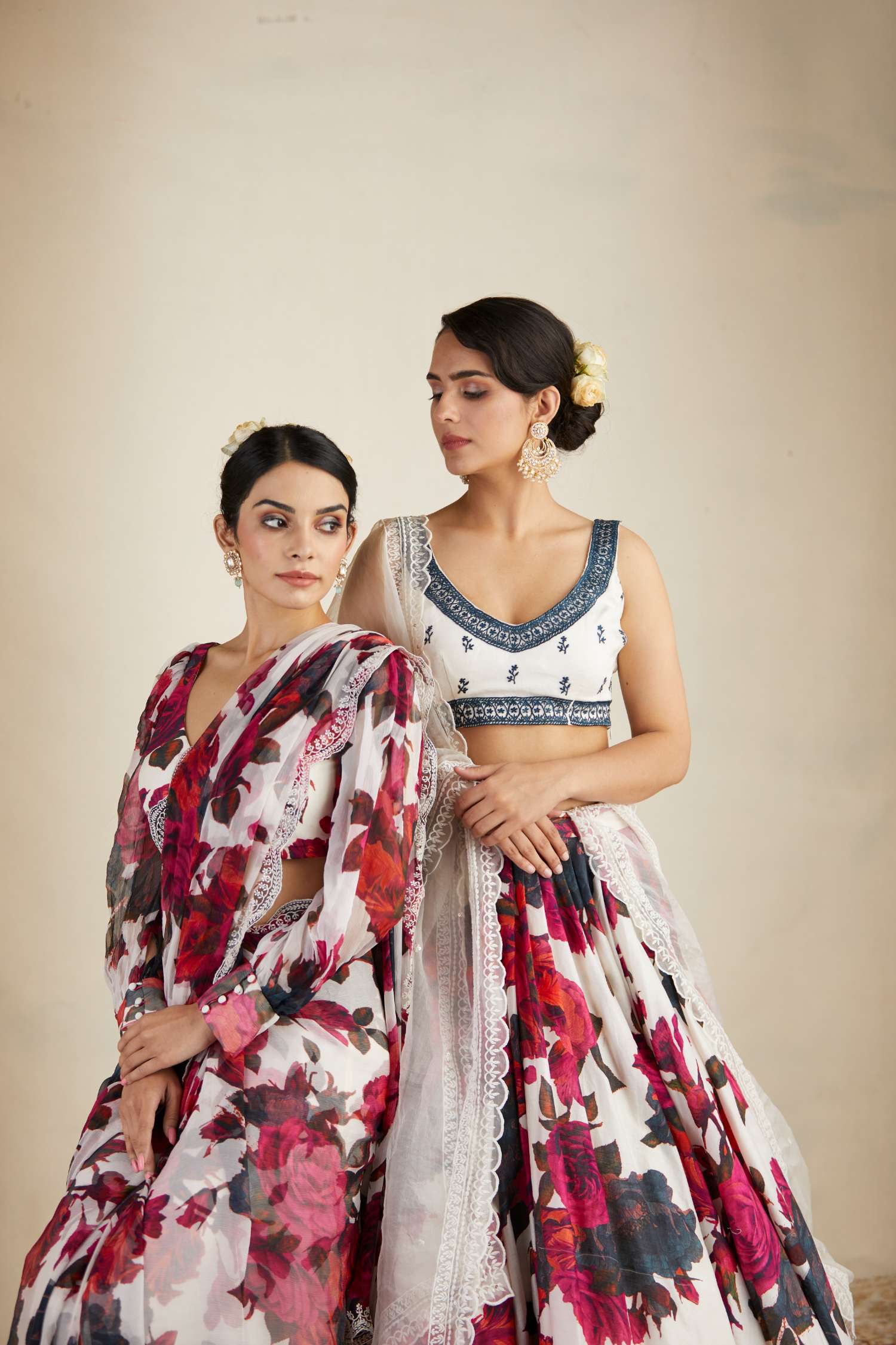 Side view of White Red Floral Chanderi Lehenga Set