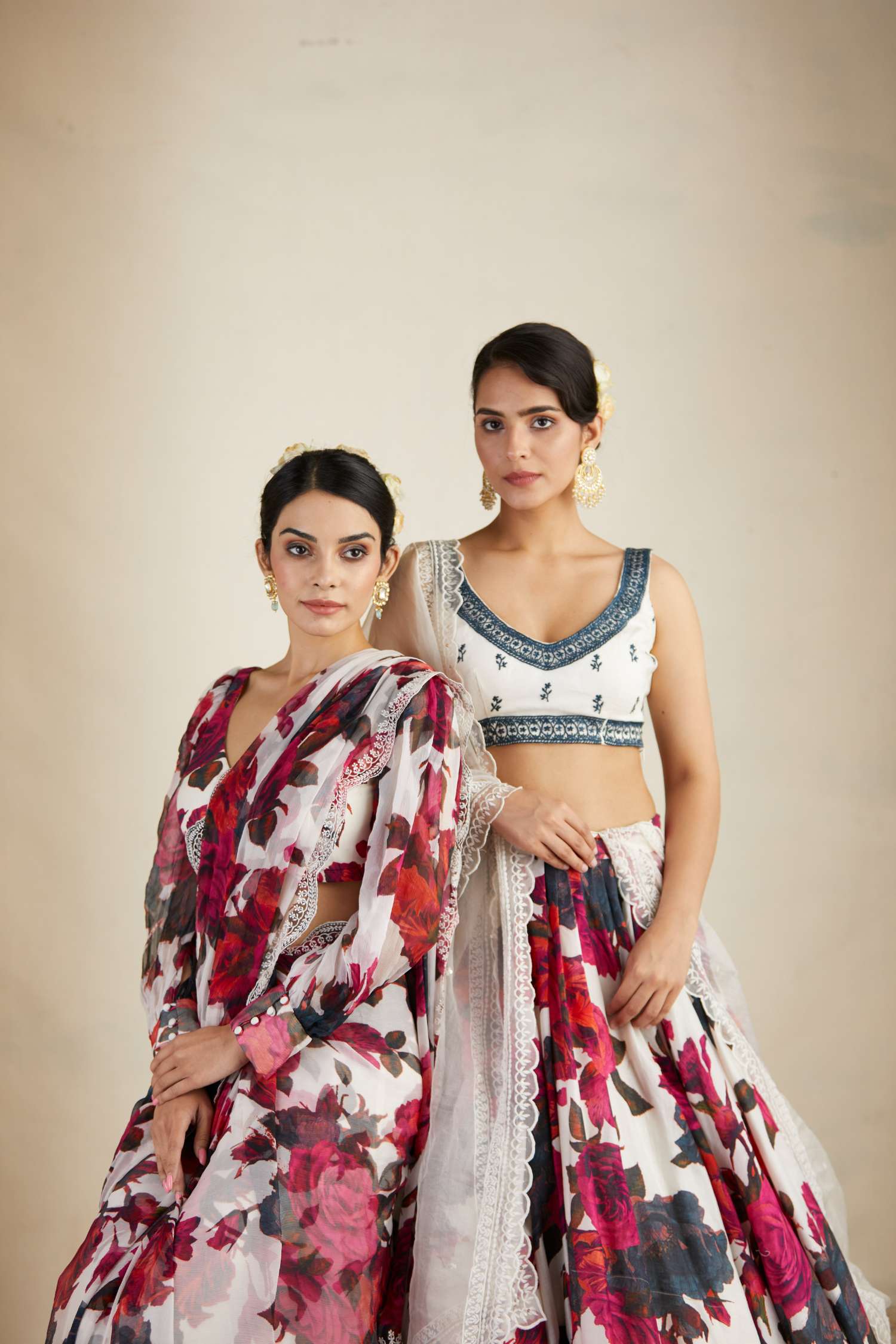Front Side view of White Red Floral Chanderi Lehenga Set