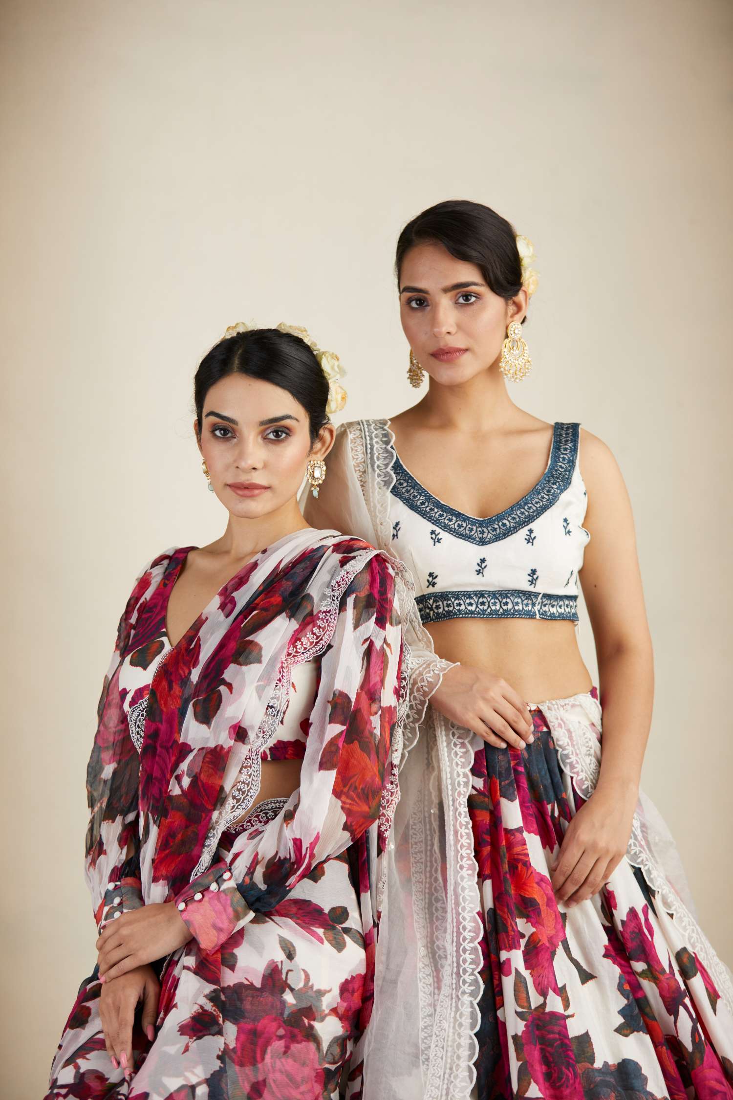 Front view of White Red Floral Chanderi Lehenga Set