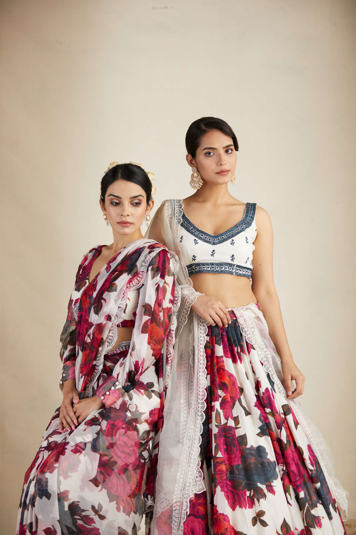 Side Front Look view of White Red Floral Chanderi Lehenga Set